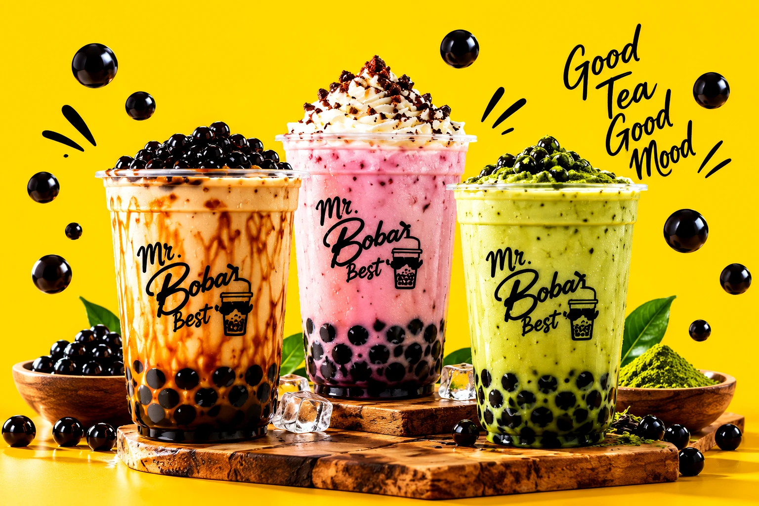 Three colourful Mr. Boba Best bubble tea drinks